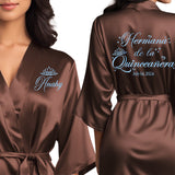 Personalized chocolate quinceanera robes with glitter design. Hermana de la quinceanera satin getting ready robes.