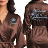 Satin chocolate quince robes for the entire quinceanera squad. Madrina de la quinceanera gtting ready robes.