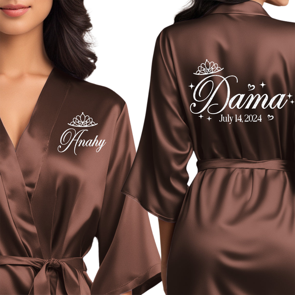 Chocolate quinceanera robes for damas. Beautiful satin chocolate colored satin robes with white glitter.