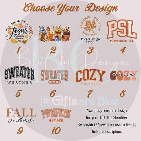 Made to order Off The Shoulder sweatshirts for women and teen girls.  Several fall and autumn designs available. all SKUs