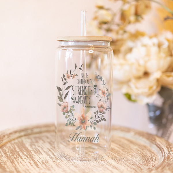 Christian Tumbler with Proverbs 31 25 verse - She is Clothed with Strength & Dignity - 16oz Iced Coffee Cup - Inspirational Gift for Her