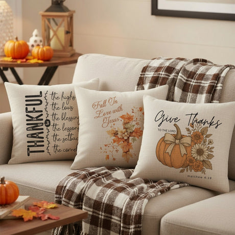 Multi Design Religious Fall Linen Throw Pillows for Couch, Set of 2, 3, and 4, Autumn Decoration - Gifts Are Blue