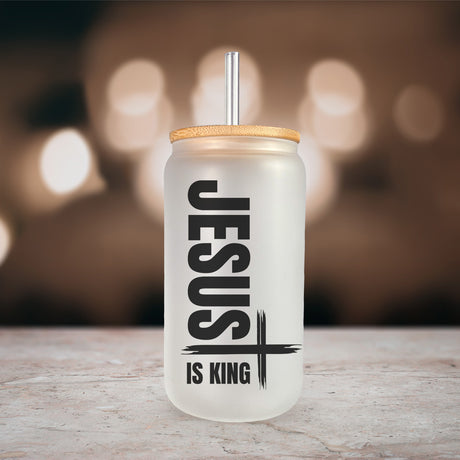 Great Christian gifts. Jesus is King frosted iced coffee glass tumblers. 16oz religious tumblers for inspiration and motivation.  