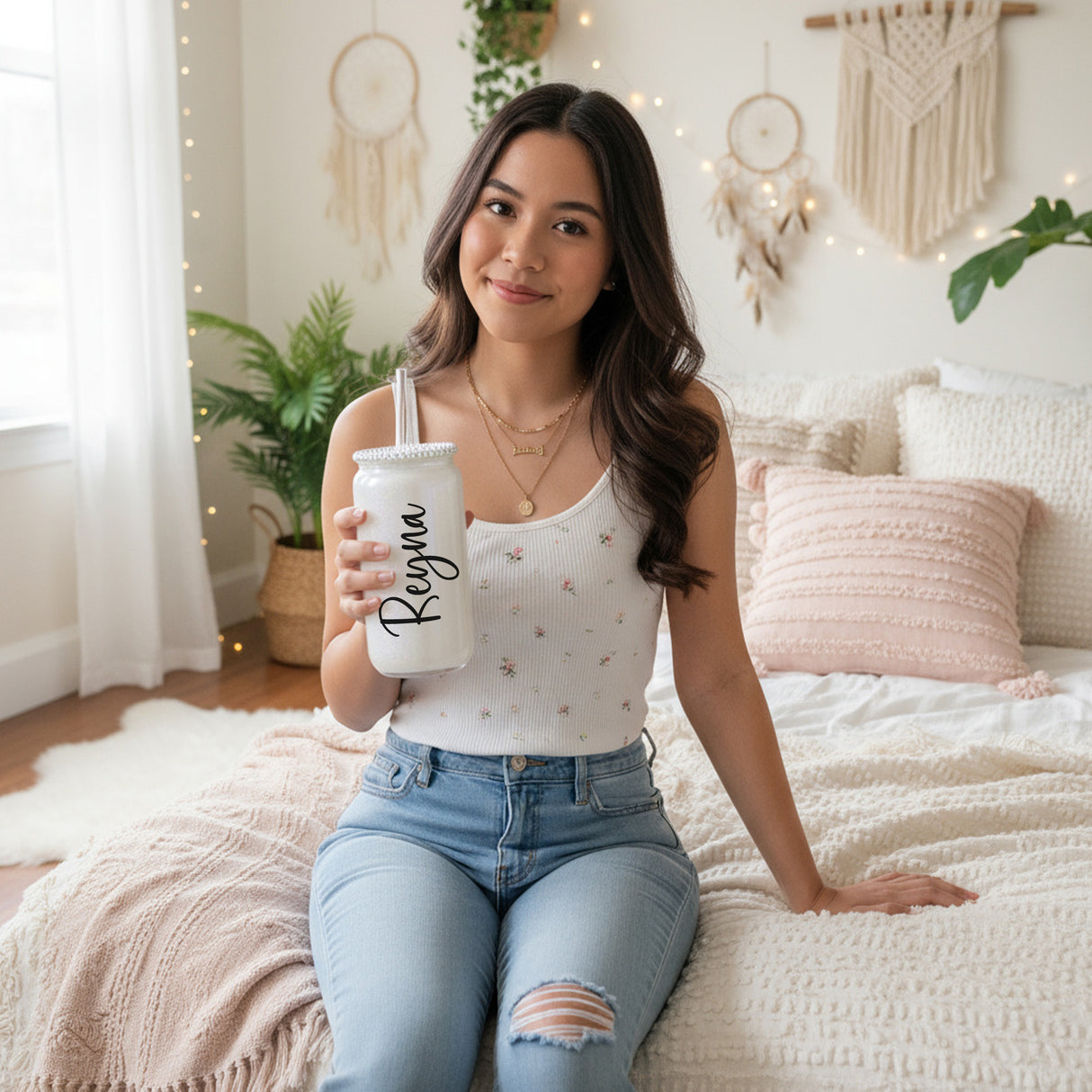 Rhinestone Glass Shimmer Cup with Straw, Custom Name, 16oz