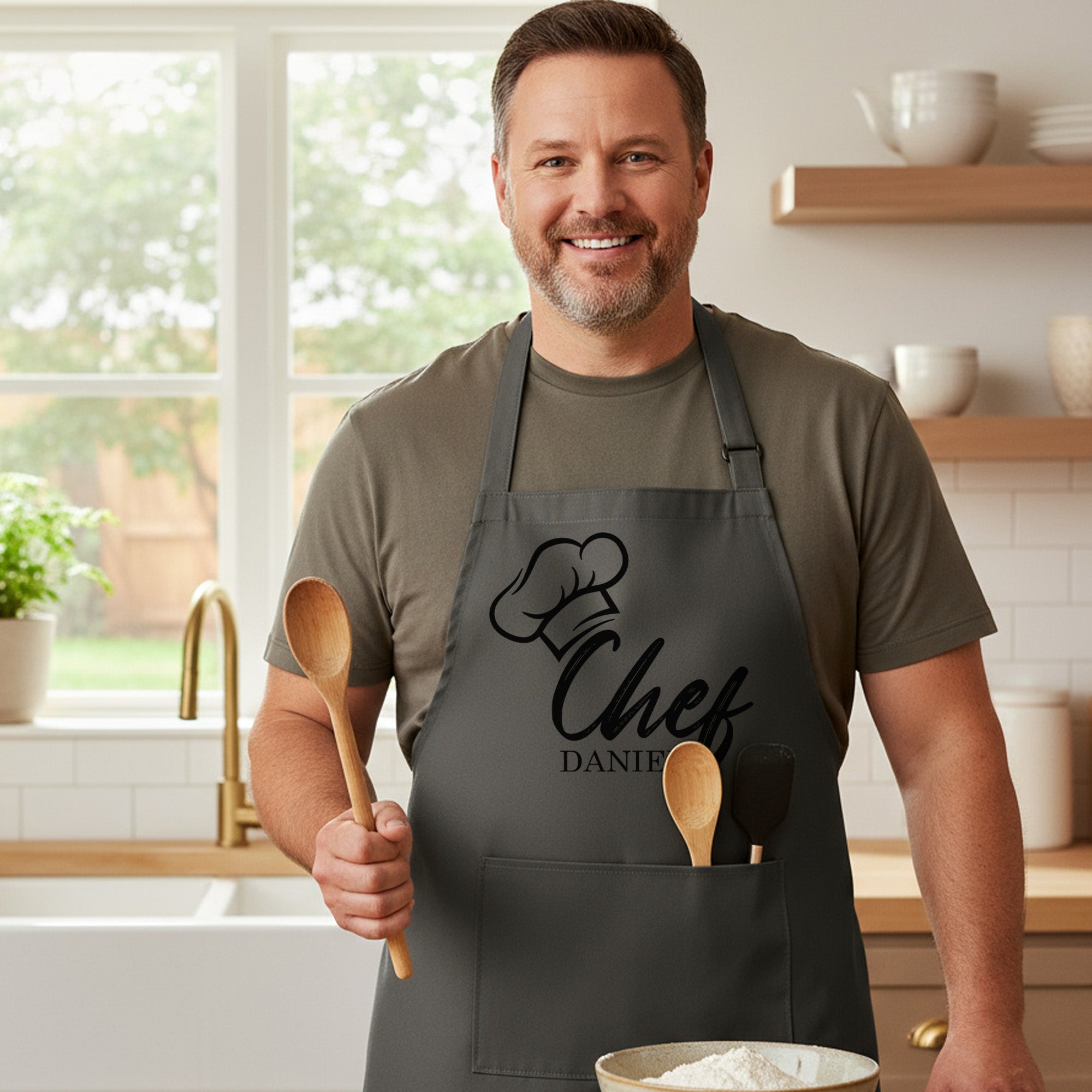 Chef Hat w Name Personalized Apron w Pocket, Custom Gifts for Dad and Grandpa