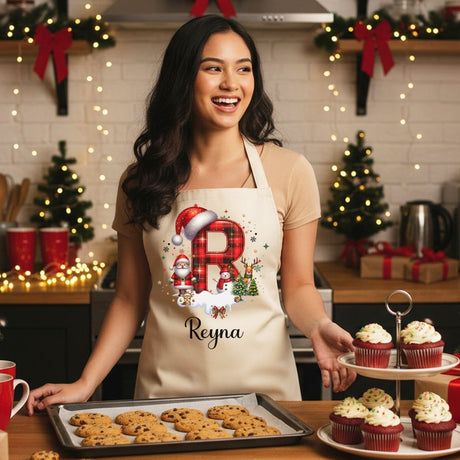 Red and Black Plaid Initial Personalized Matching Christmas Aprons for Adults and Kids - Gifts Are Blue