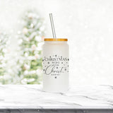 16 oz Christmas Begins with Christ Frosted Iced Coffee Cup - Tumbler with Lid and Straw