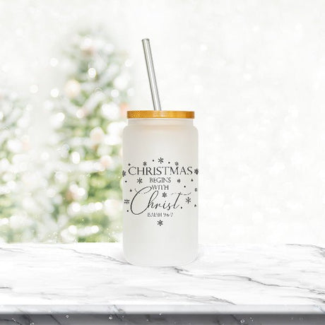 16oz Christmas Begins with Christ Isaiah 9:6-7 Frosted Iced Coffee Glass Tumbler - Gifts Are Blue