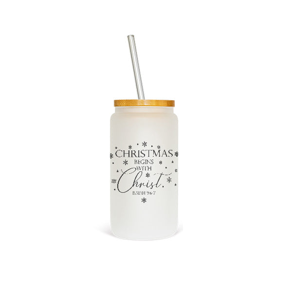 16 oz Christmas Begins with Christ Frosted Iced Coffee Cup - Tumbler with Lid and Straw