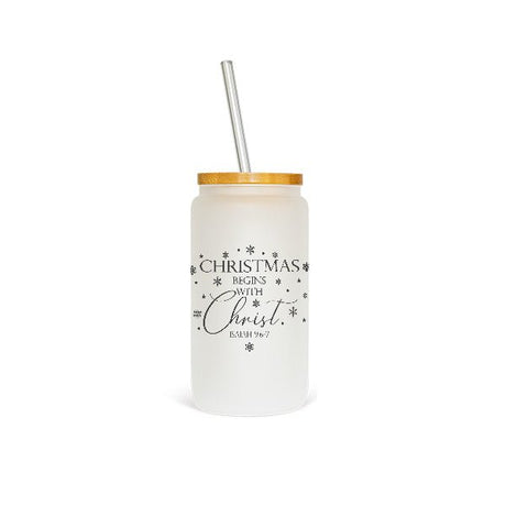 16oz Christmas Begins with Christ Isaiah 9:6-7 Frosted Iced Coffee Glass Tumbler - Gifts Are Blue