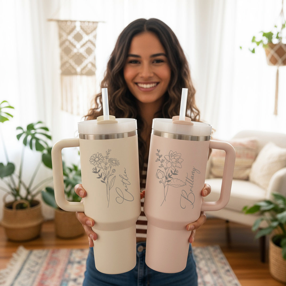 Birth Flower 40oz Personalized Tumbler with Name, Custom Gifts for Her