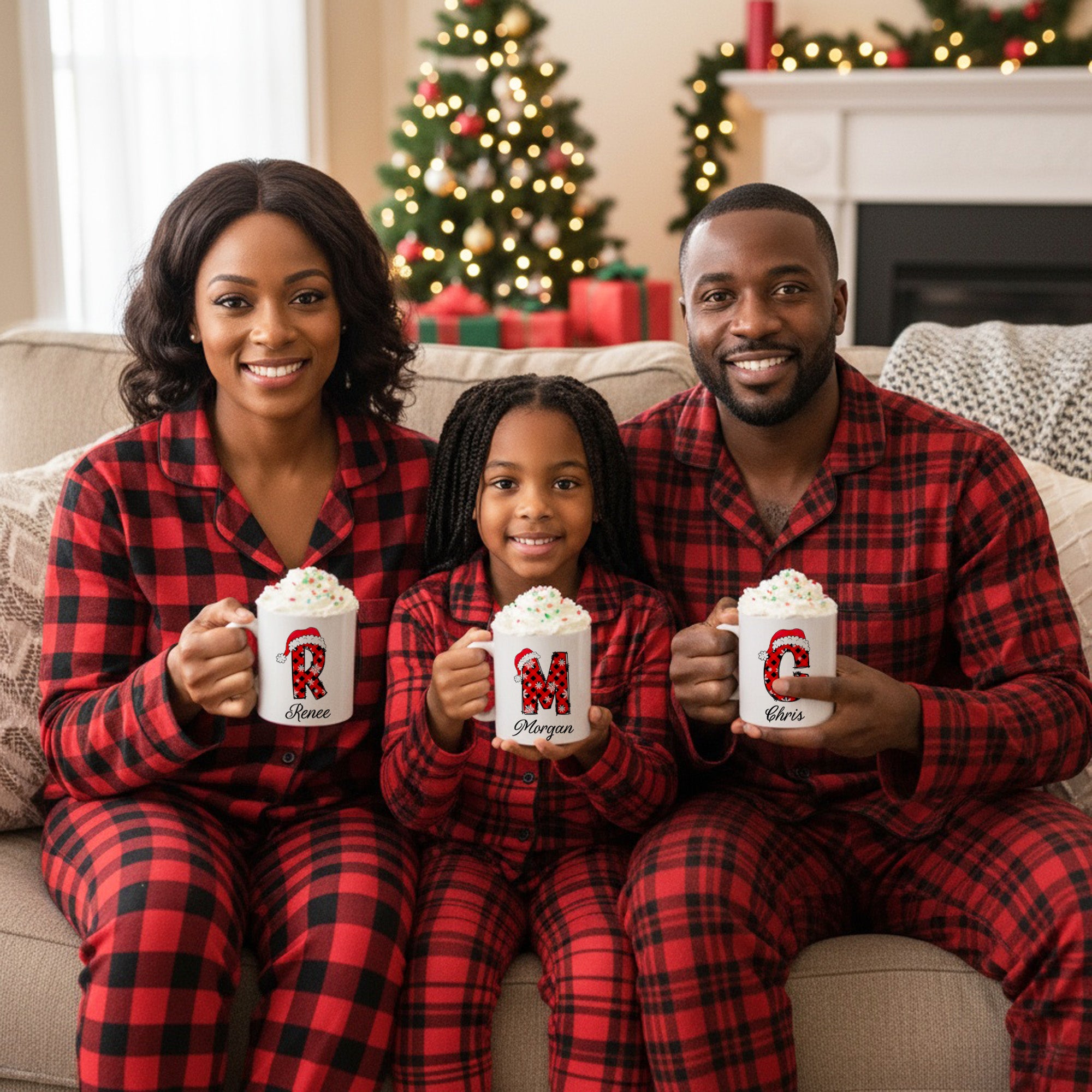 Red and Black Plaid Initial Personalized Christmas Mugs for Kids and Adults