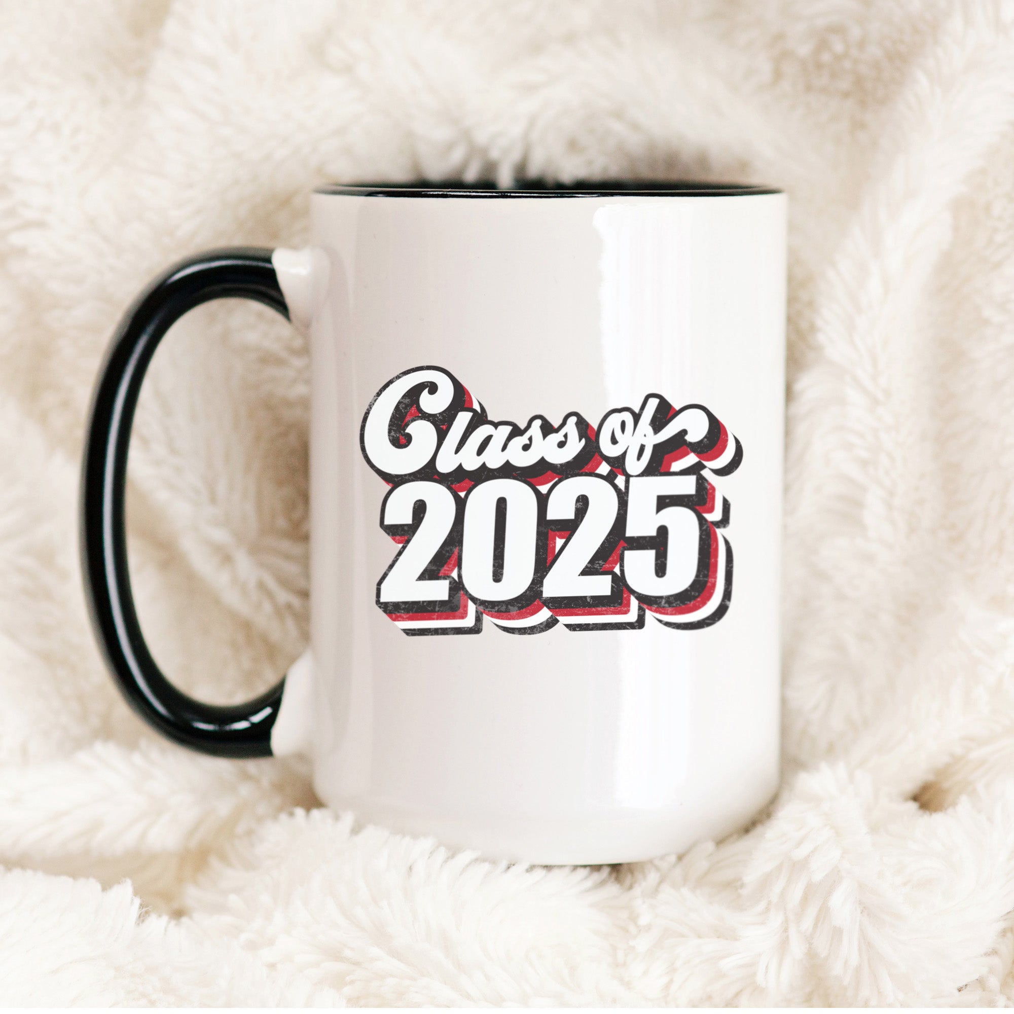 Class of 2025 senior mug in bold red and black, retro design, perfect for commemorating graduation day with a stylish keepsake