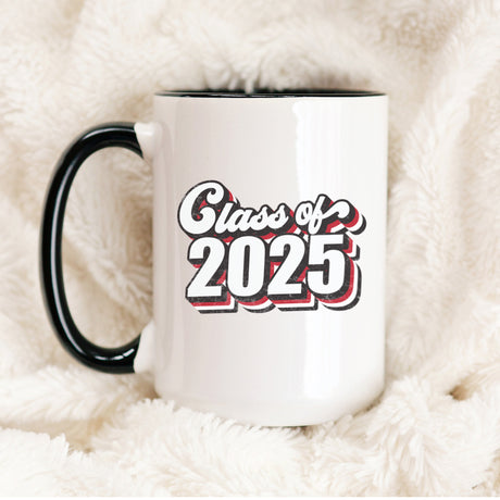Class of 2025 senior mug in bold red and black, retro design, perfect for commemorating graduation day with a stylish keepsake