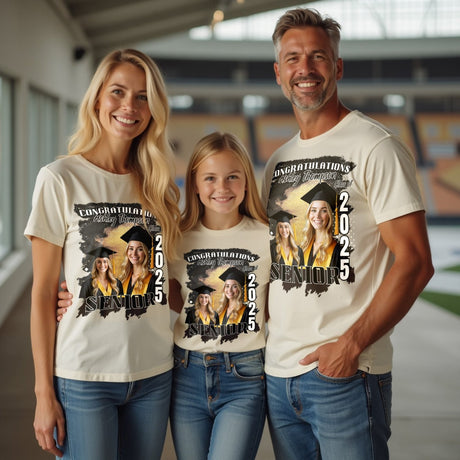 A family wearing personalized photo graduation shirts celebrating the Class of 2025, showcasing custom matching shirts for a proud graduation moment.