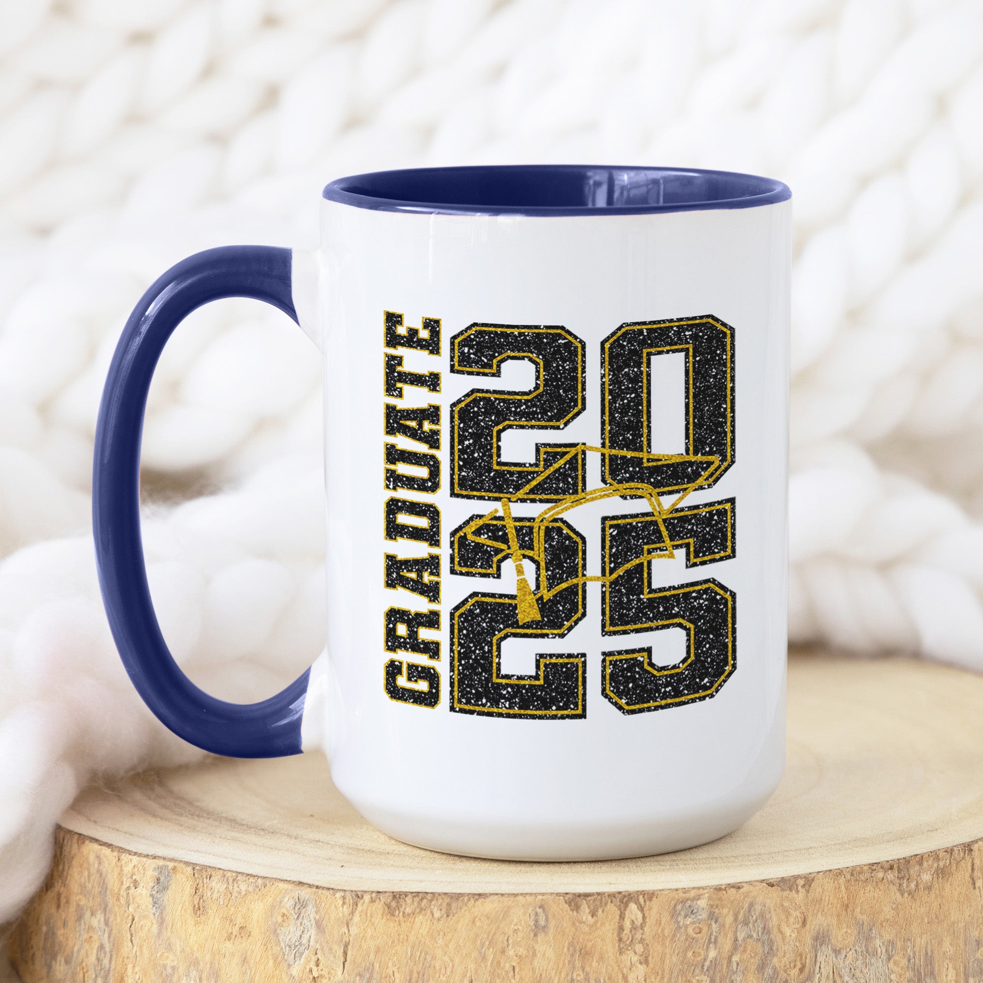 Cute Glitter Graduation Mug for Senior Class of 2025. Dark Blue Fun Graduation Gift Idea for Him or Her.