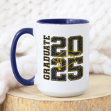 Cute Glitter Graduation Mug for Senior Class of 2025. Dark Blue Fun Graduation Gift Idea for Him or Her.