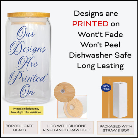 Our borosilicate glass can features lids with silicone rings, straw and box.  all SKUs
