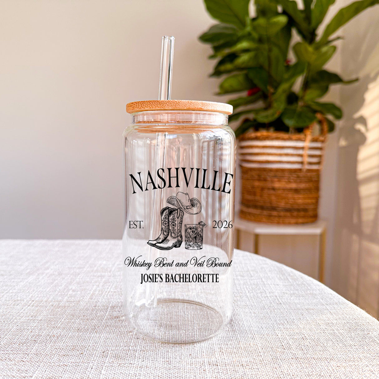 Personalized bachelorette iced coffee glass featuring name customization, perfect for bride-to-be gifts or matching bridal party tumblers.