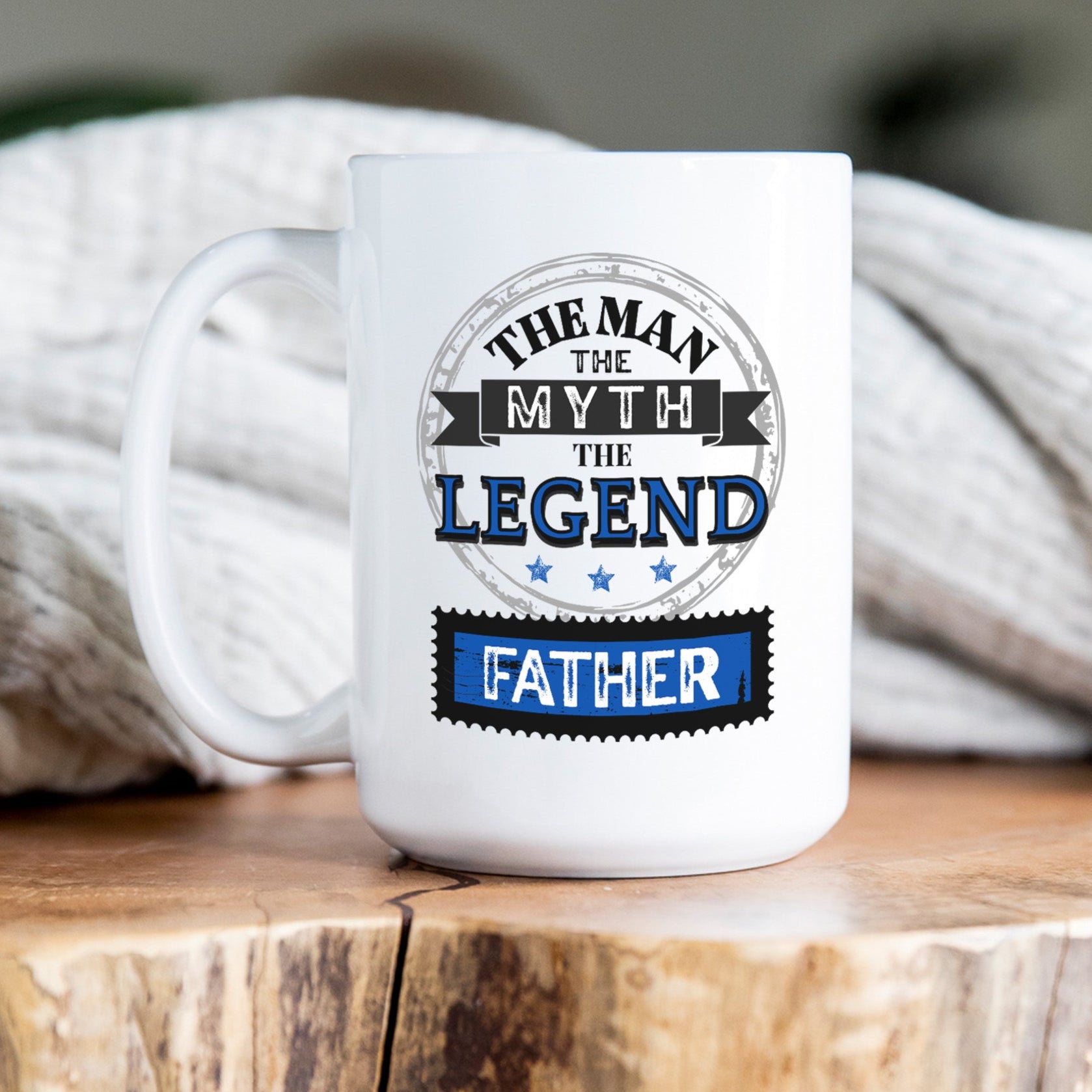 Custom Father's Day mug with The Man The Myth The Legend design and personalized name gift for dad. 