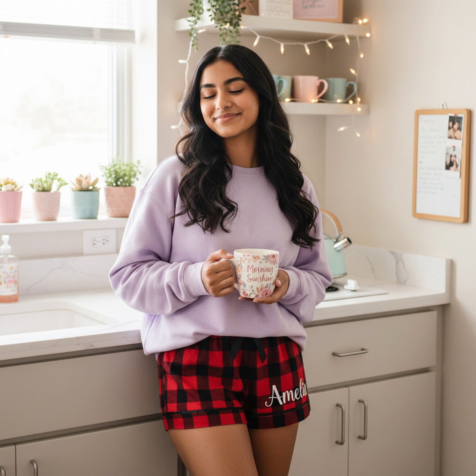 Plaid Custom Pajama Shorts for Her Personalized with Name