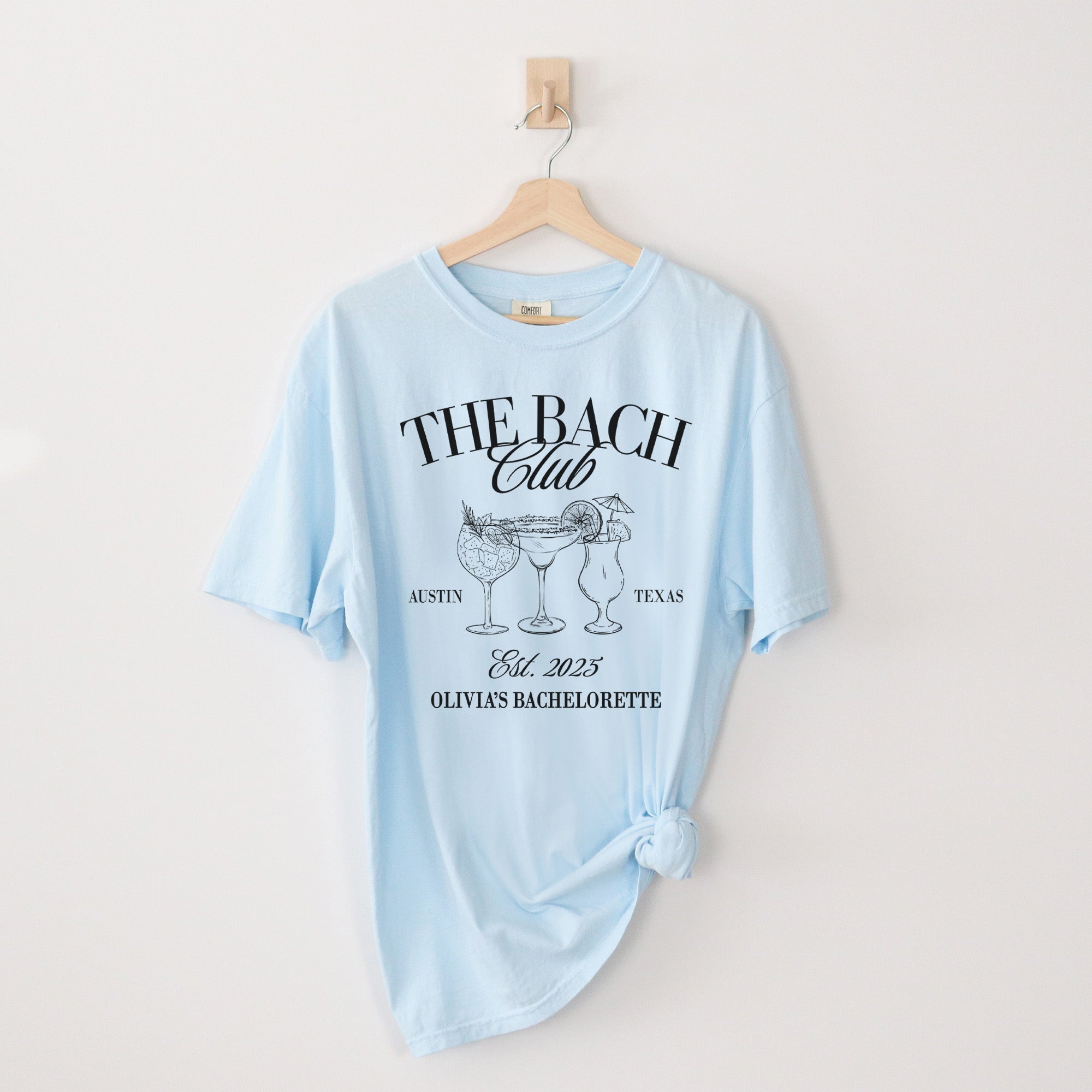 Comfort Colors bachelorette shirt with bride and bridesmaid names, ideal for a personalized bridal party gift or Nashville bachelorette weekend.