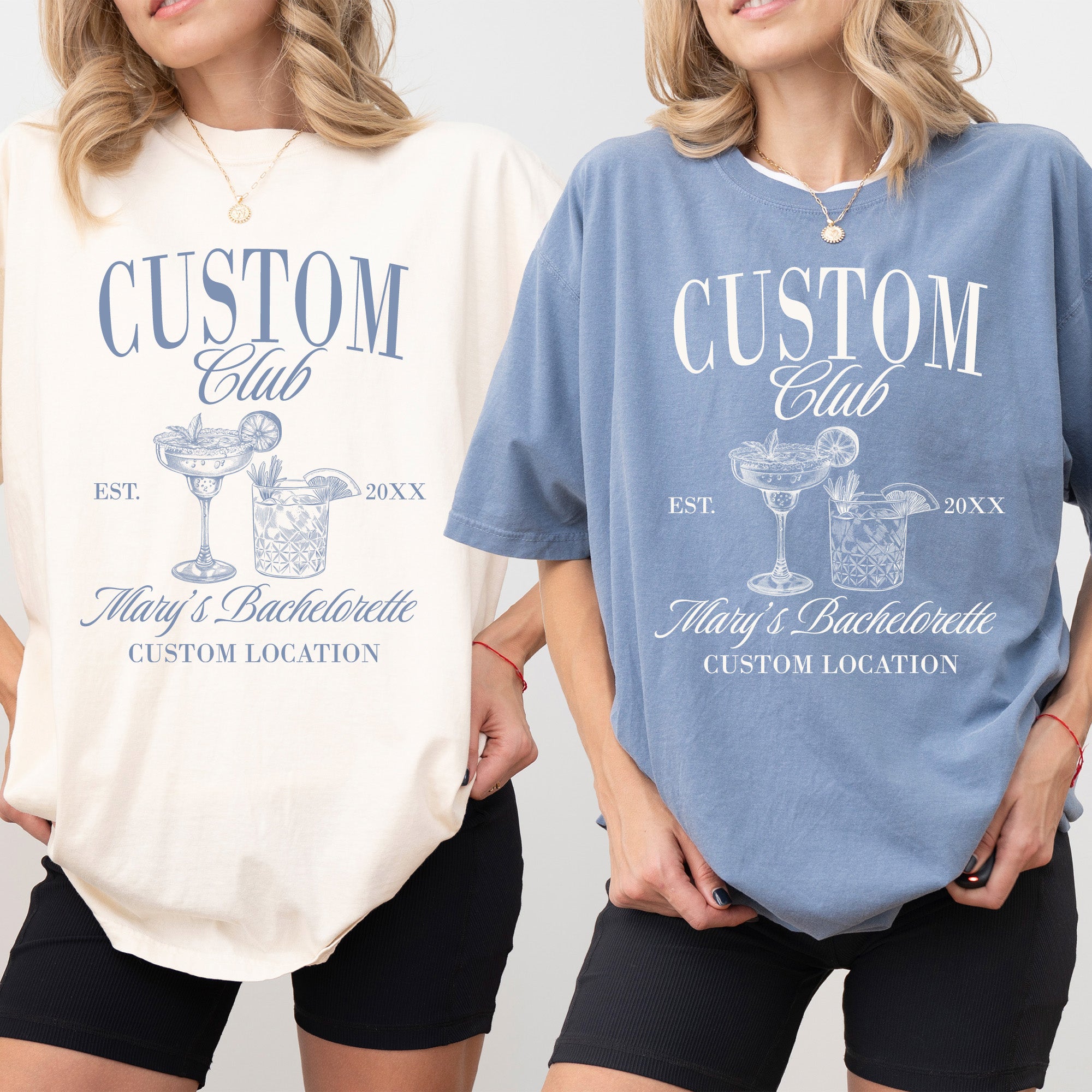 Matching bride and bridesmaid shirts personalized with last names, ideal for bachelorette party outfits and bridal shower gifts.