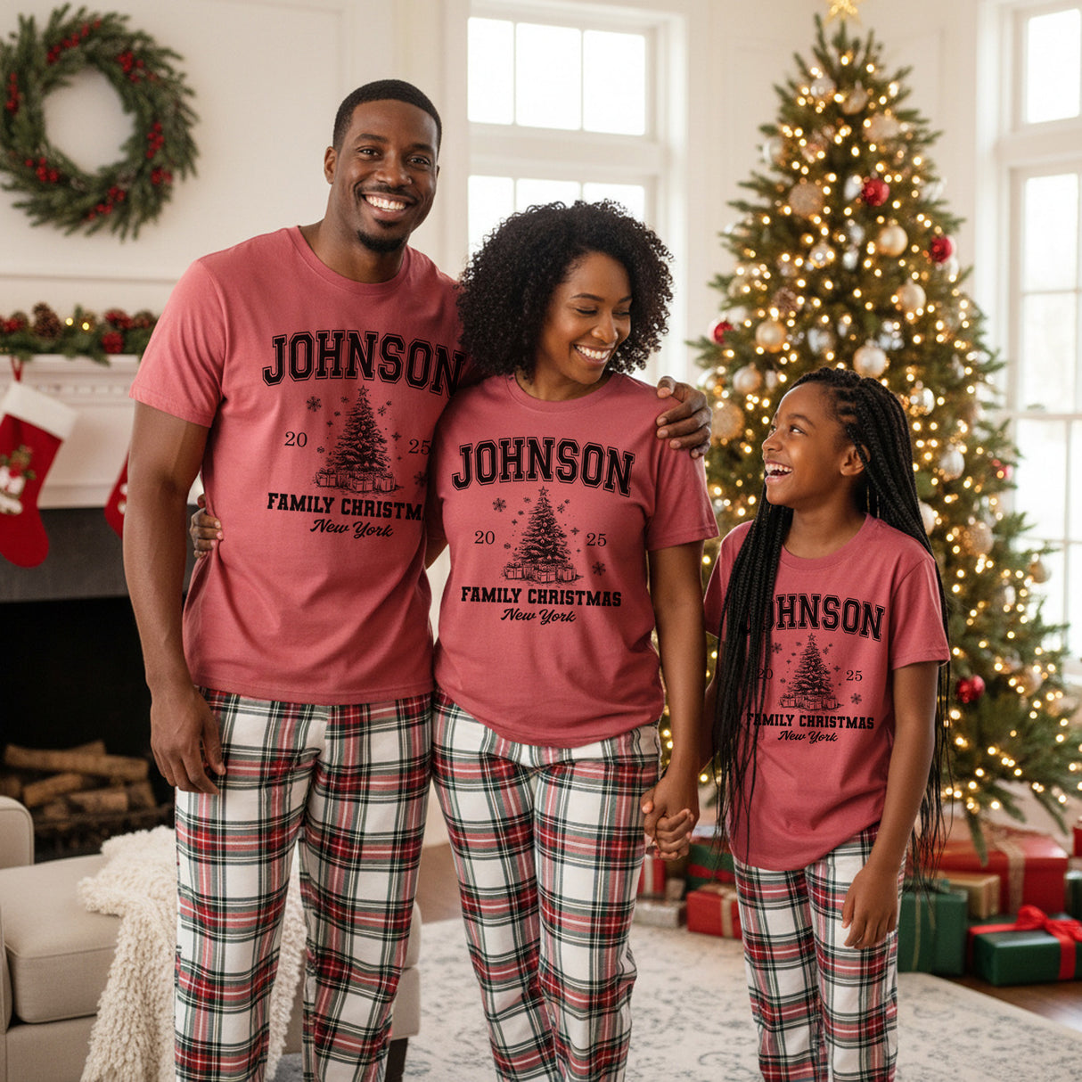 Comfort Colors Varsity Personalized Family Christmas Shirts with Location and Year