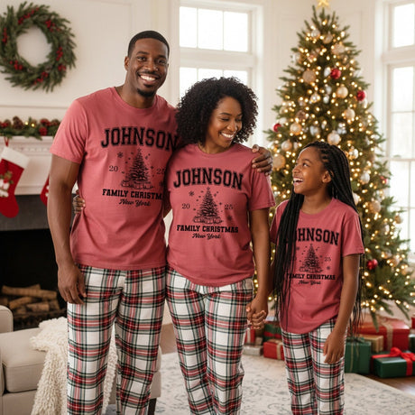 Comfort Colors Varsity Personalized Family Christmas Shirts with Location and Year - Gifts Are Blue