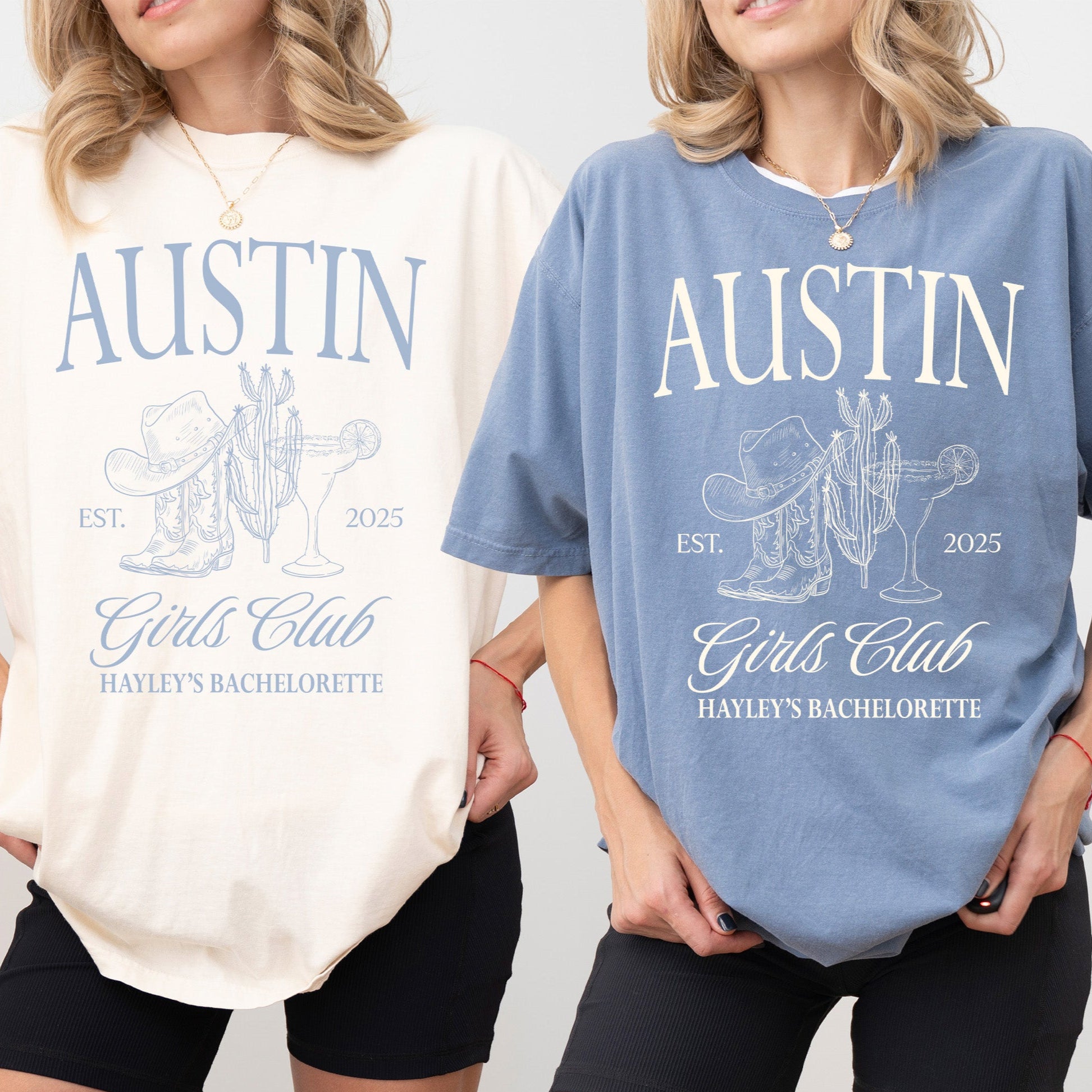 Personalized Comfort Colors bachelorette shirts with western cowgirl theme for Austin or Nashville bridal party.