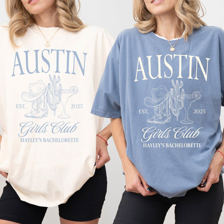 Personalized Comfort Colors bachelorette shirts with western cowgirl theme for Austin or Nashville bridal party.