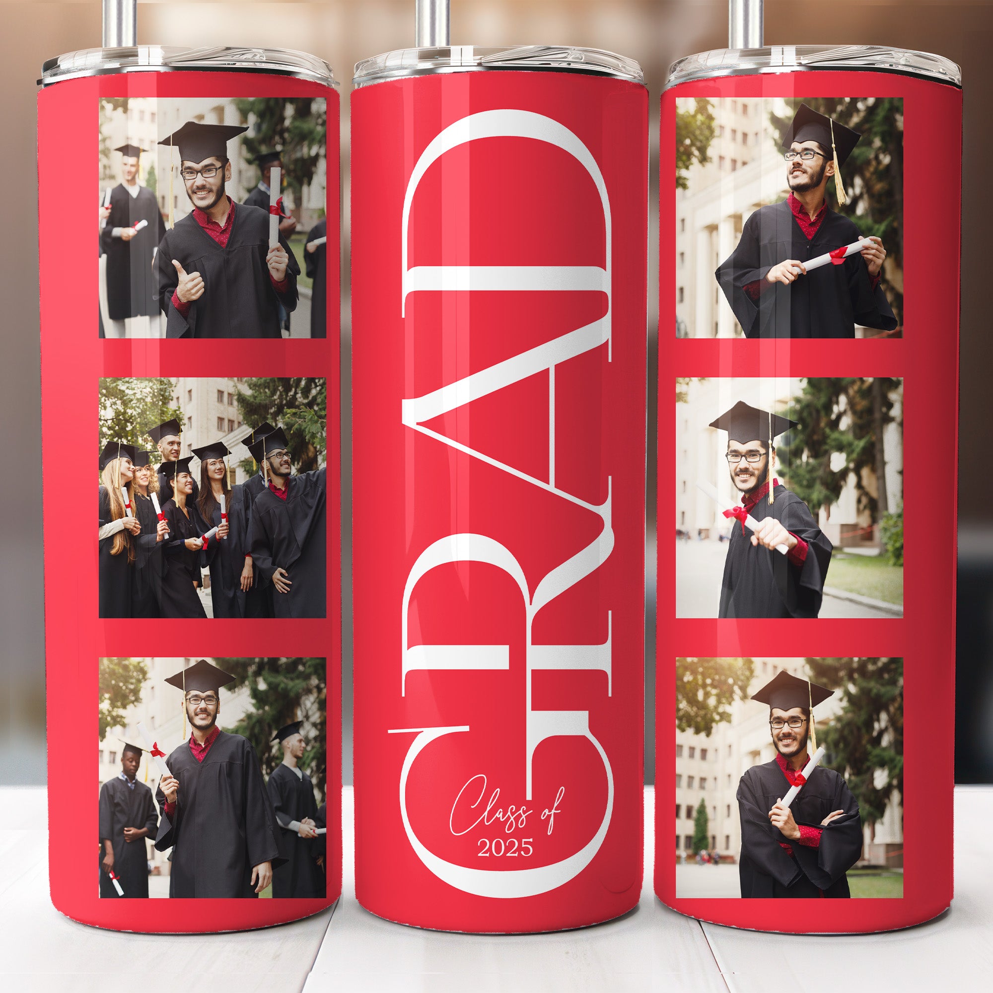Custom graduation tumbler with photo, personalized Class of 2025 gift, insulated drinkware.  Red tumbler with custom photos for the perfect graduation gift. 