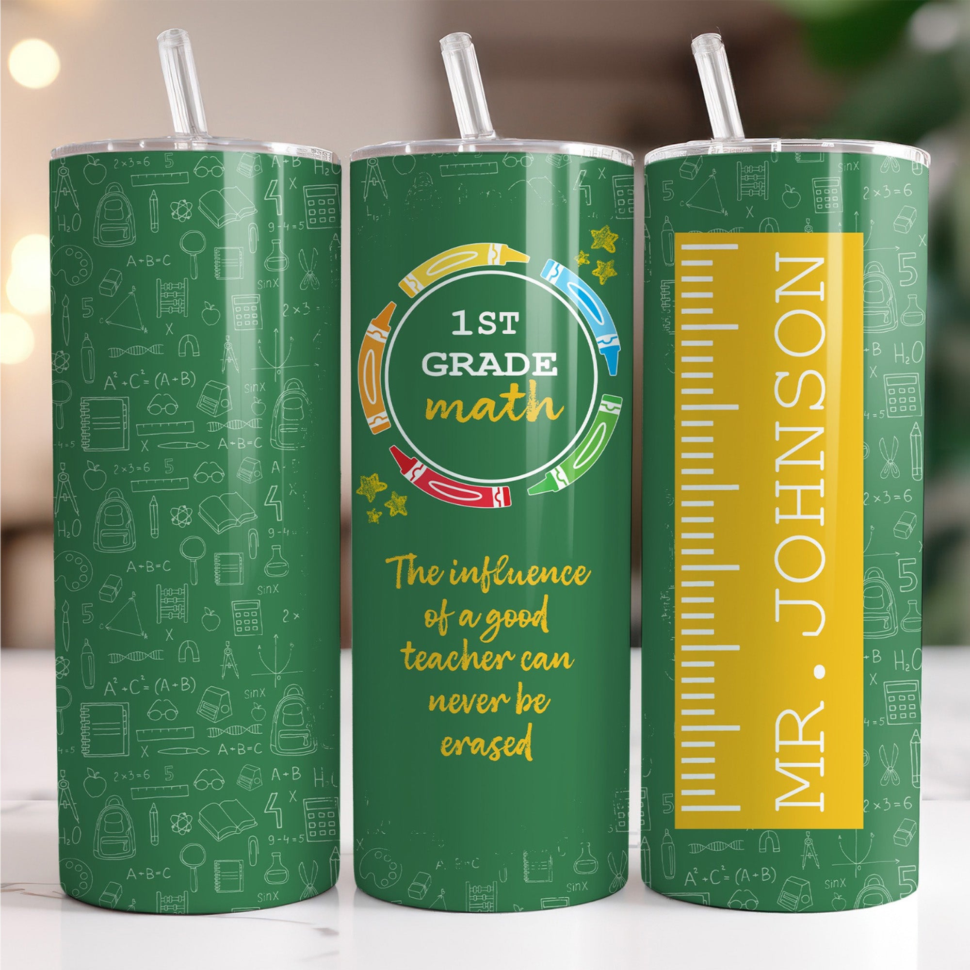 Custom 20 oz teacher tumbler with name, grade, and subject, perfect teacher appreciation gift.