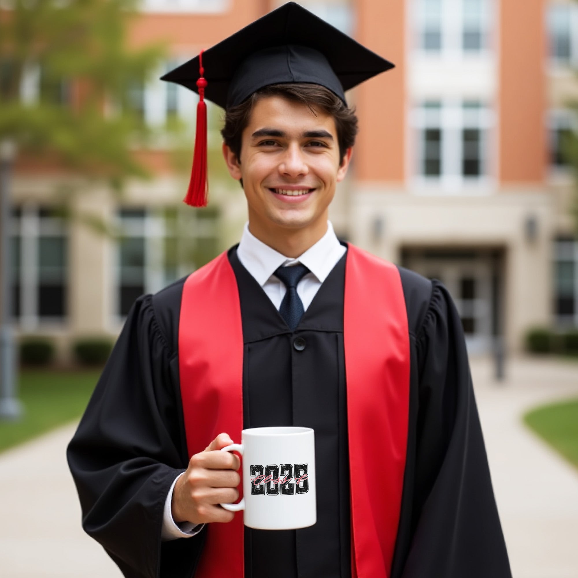Man holding up graduation mug with varsity Class of 2025 design, at graduation. Cool graduation gift idea for him, Class of 2025 varsity-style mug.