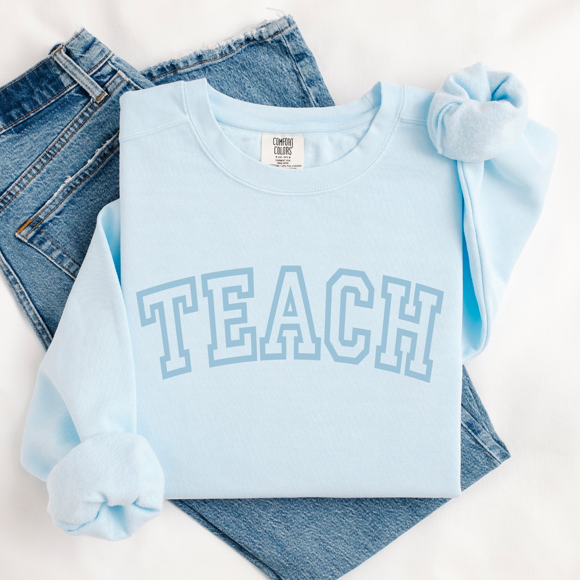 Varsity Teacher Crewneck for her. Teach Crewneck for male teachers. Custom Educator Shirt for Teaching Appreciation Gift. Simple gift for School Staff.