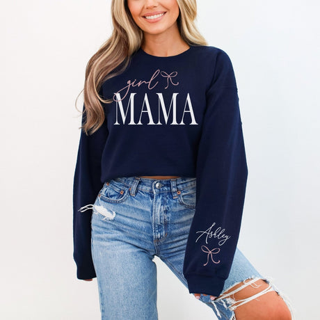 Perfect gift for girl mom, adorable pink bow design with kids names. Unique Girl Mama Sweatshirt for Mothers day. 