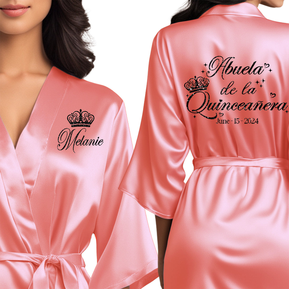 Front and back personalized satin robe at knee length. Coral abuela de la quinceanera getting ready robes.