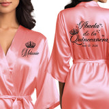 Front and back personalized satin robe at knee length. Coral abuela de la quinceanera getting ready robes.