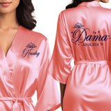 Coral quinceanera robes for damas. Beautiful personalized satin coral robes with blue glitter.