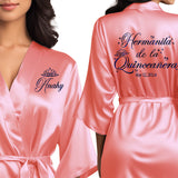 Women's quinceanera satin robes. Personalize with your name and event date. Coral quince robes for little sister.