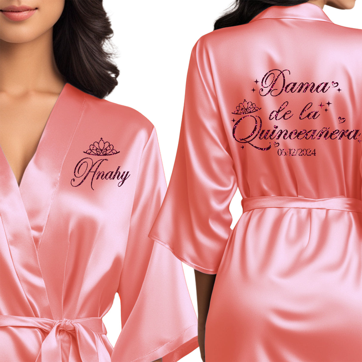 Dama de la quinceanera satin robe that can be personalized for your quinceanera squad.