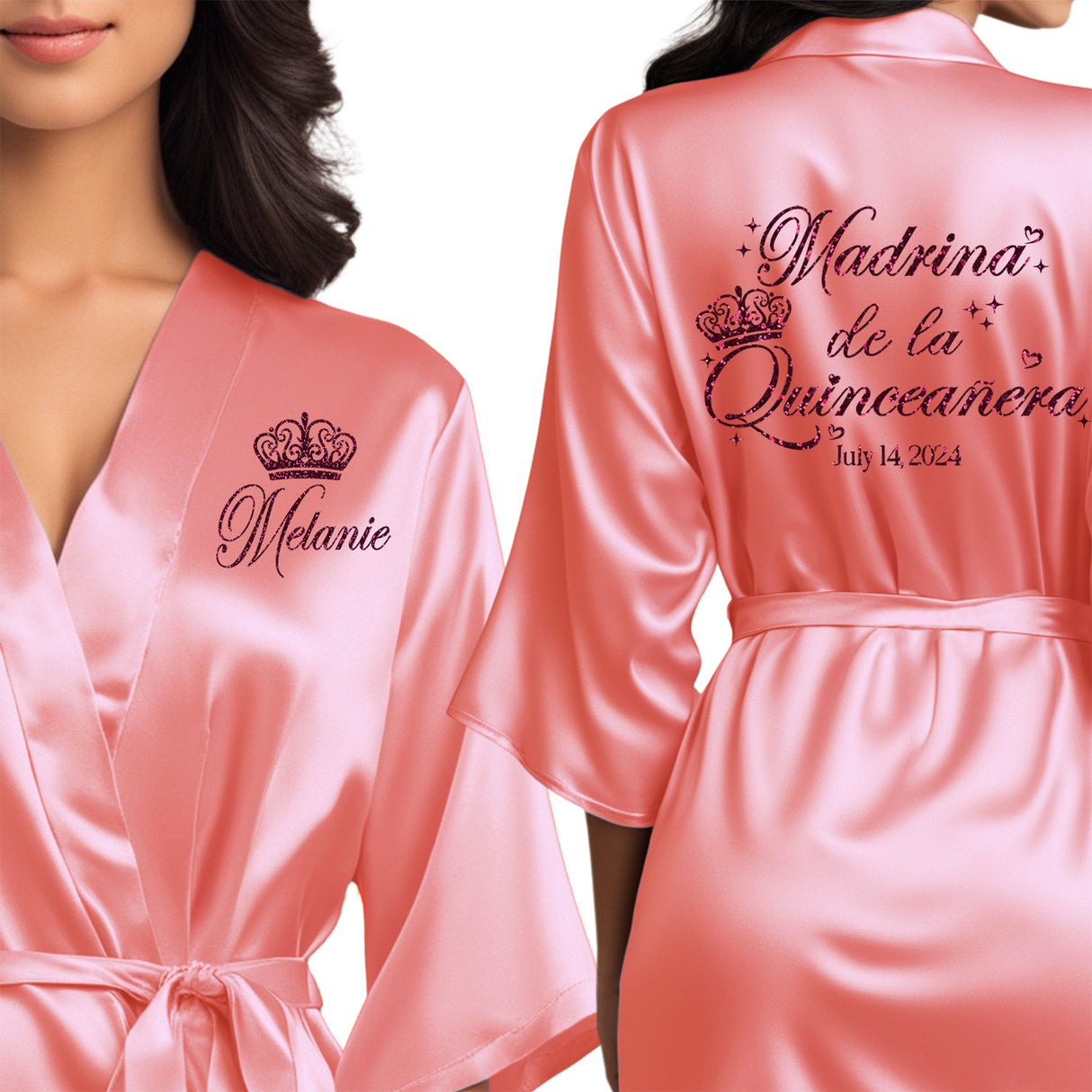 Satin coral quince robes with  burgundy glitter. Madrina de la quinceanera gtting ready robes.