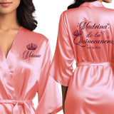 Satin coral quince robes with  burgundy glitter. Madrina de la quinceanera gtting ready robes.