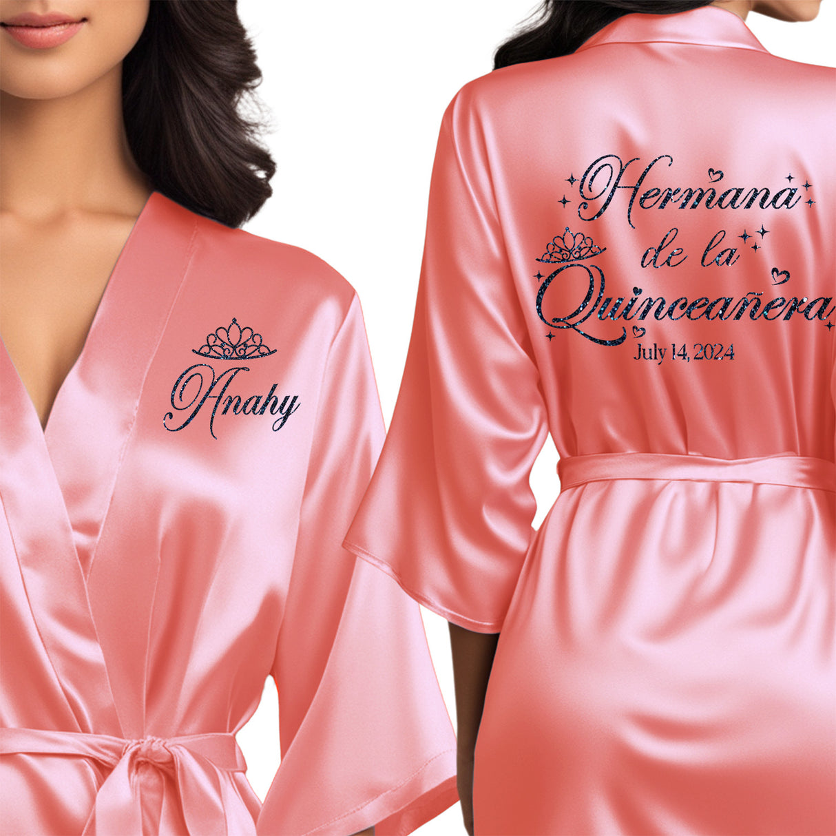 Personalized coral quinceanera robes with navy blue glitter. Hermana de la quinceanera getting ready robes.