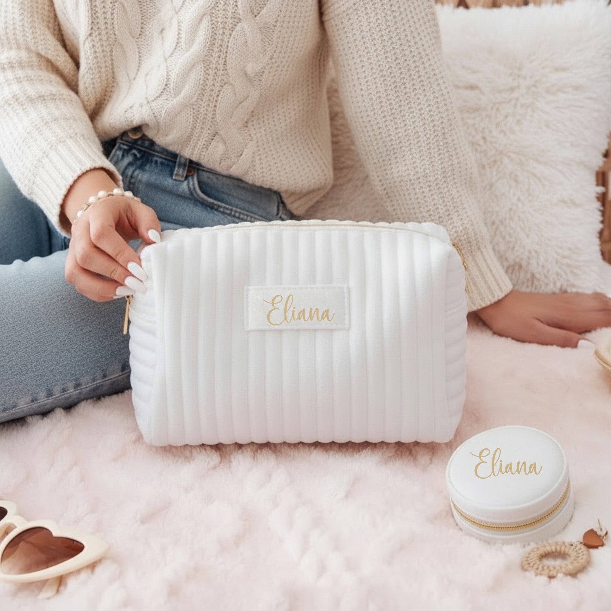 Velvet makeup bag and jewelry box personalized with name gift for teen girl.