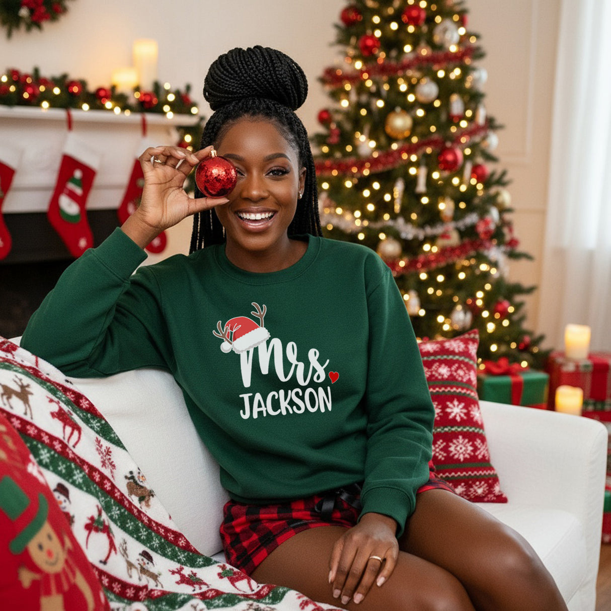 Matching Mr and Mrs Christmas Pajama Set with Buffalo Print Pants - Couples PJs Santa Hat