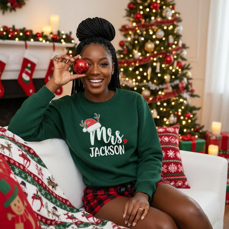 Matching Mr and Mrs Christmas Pajama Set with Buffalo Print Pants - Couples PJs Santa Hat - Gifts Are Blue