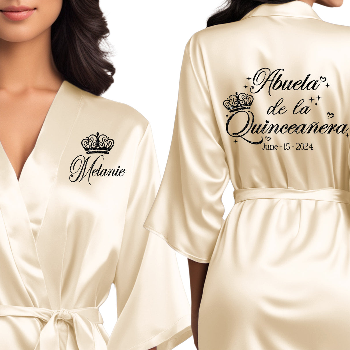 Front and back personalized satin robe at knee length. Abuela de la quinceanera getting ready robes with black glitter.