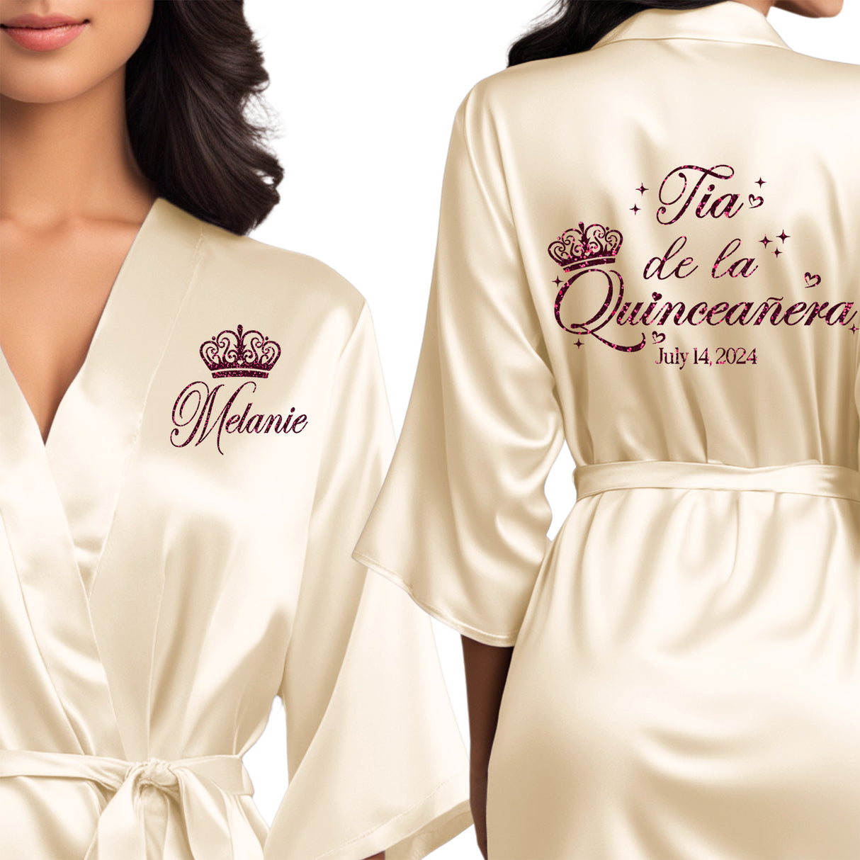 Beautiful quinceanera robes. Personalized satin robes for tia de la quinceanera with glitter designs.