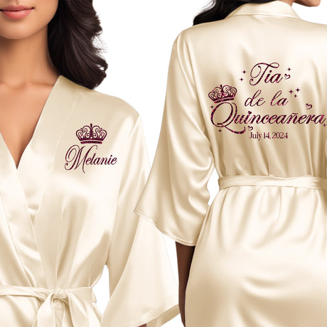 Beautiful quinceanera robes. Personalized satin robes for tia de la quinceanera with glitter designs.